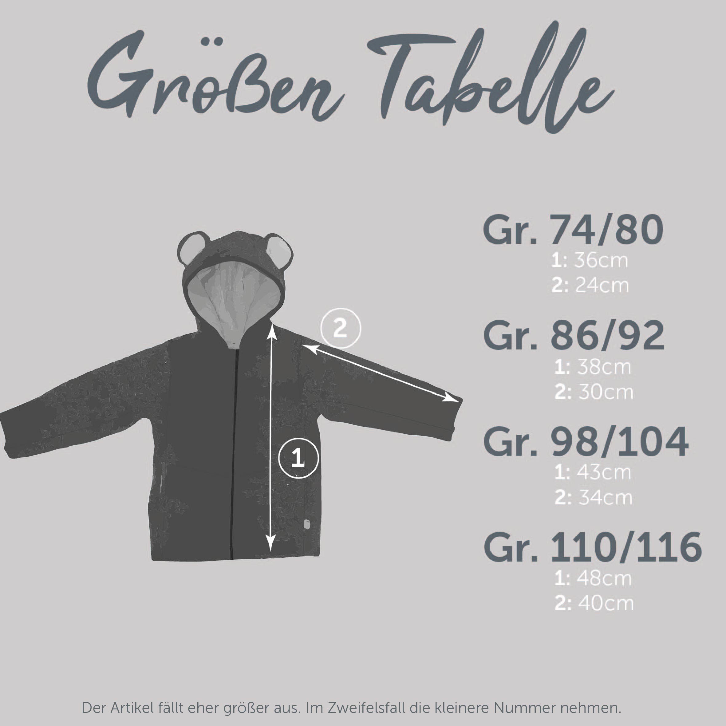 Wollwalk Jacke Größentabelle